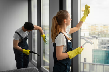 Fensterputzer mit Gelbhandschuhen